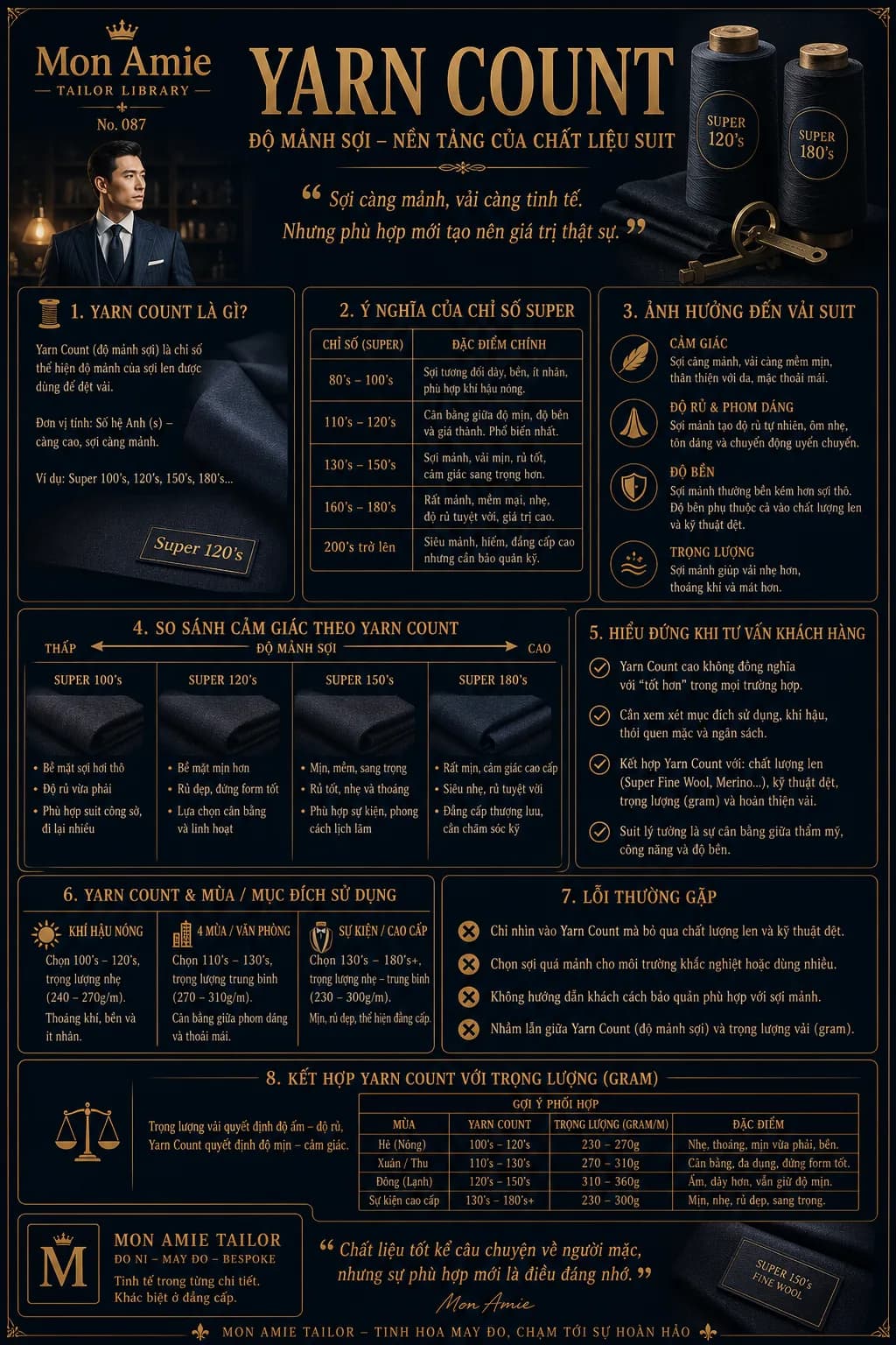 Mon Amie Tailor Library poster No. 87 on Yarn Count: yarn fineness, the meaning of Super numbers and how to choose suiting cloth
