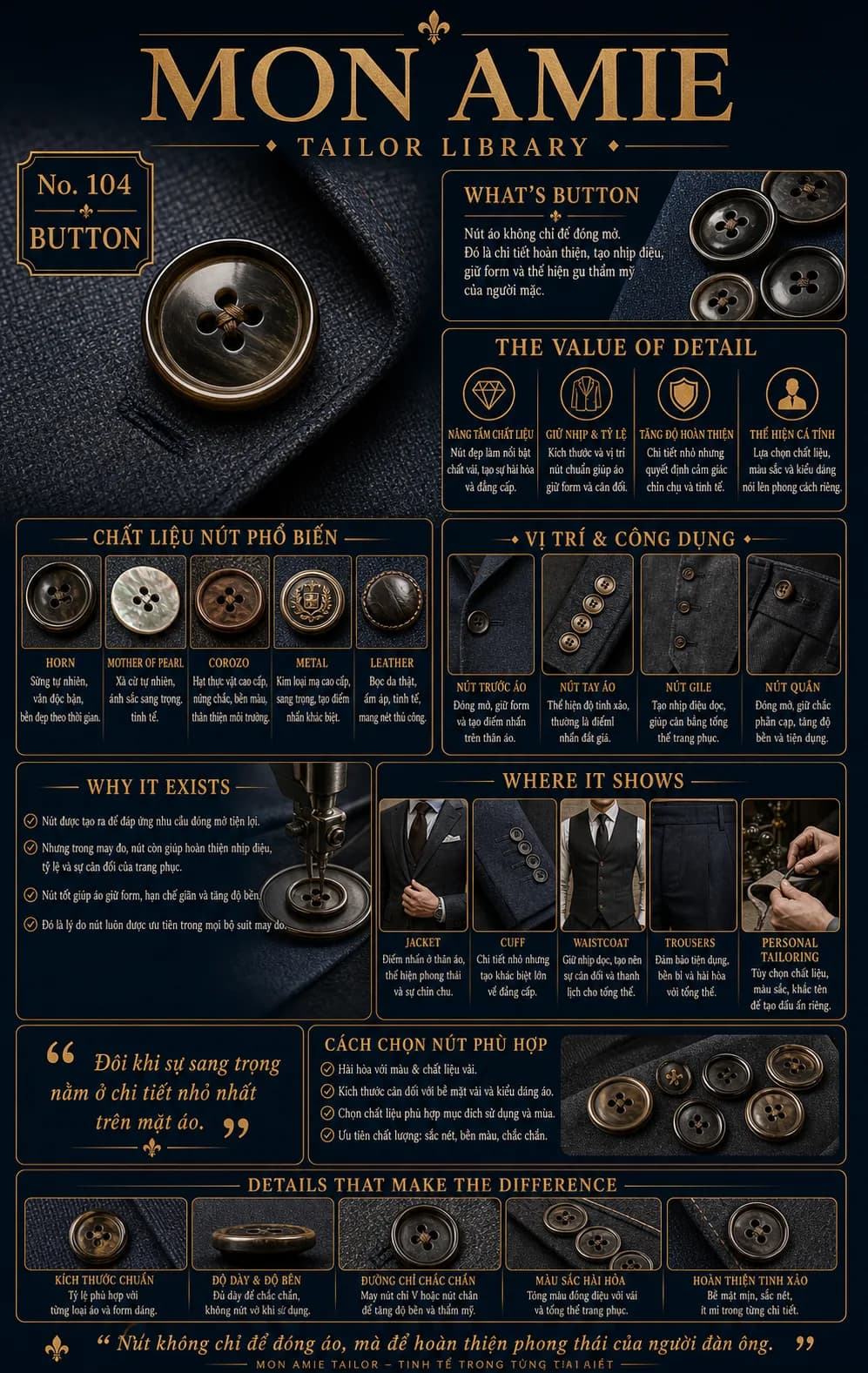 Mon Amie Tailor Library poster No. 104 on suit buttons: common button materials, placement and purpose, how to choose the right buttons