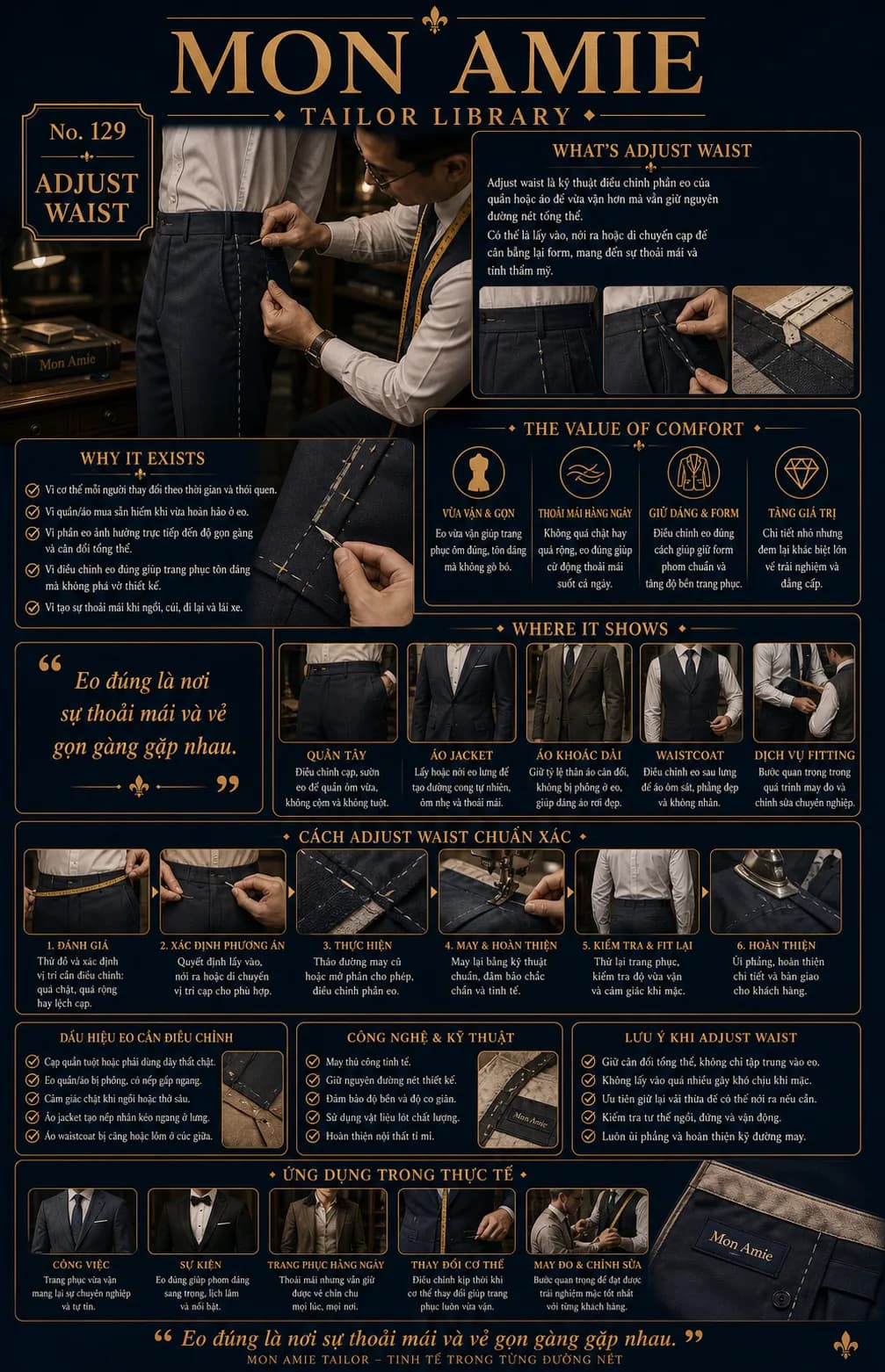 Poster Tailor Library số 129 của Mon Amie về adjust waist: kỹ thuật điều chỉnh eo quần và áo