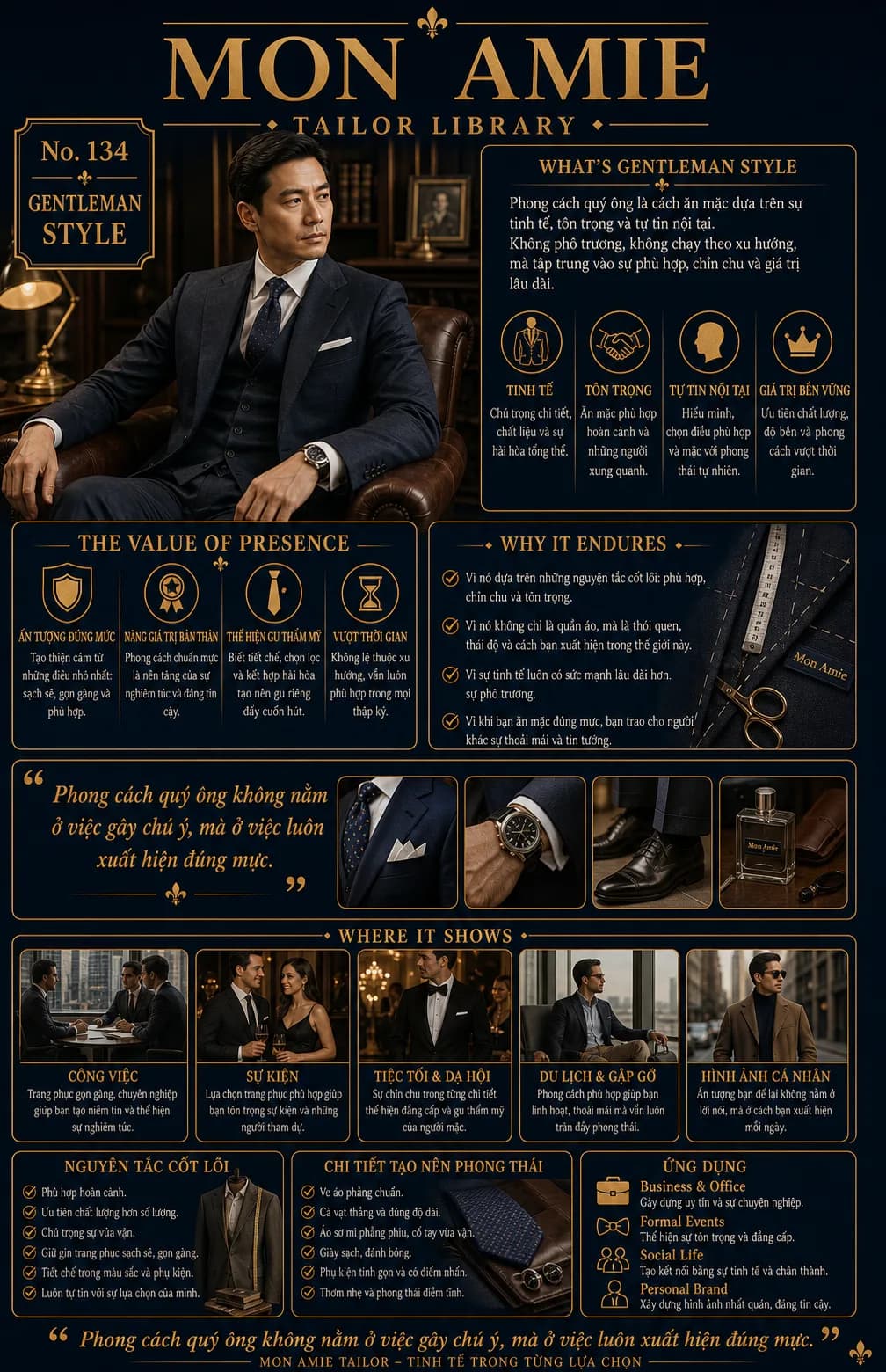Poster Tailor Library số 134 của Mon Amie về Gentleman Style: quý ông mặc suit ba mảnh ngồi trong thư phòng