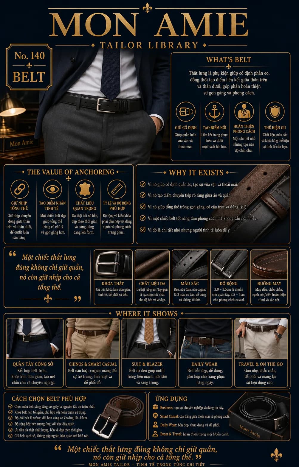 Poster Tailor Library số 140 của Mon Amie về belt: vai trò thắt lưng, tiêu chí chọn da, màu sắc, độ rộng