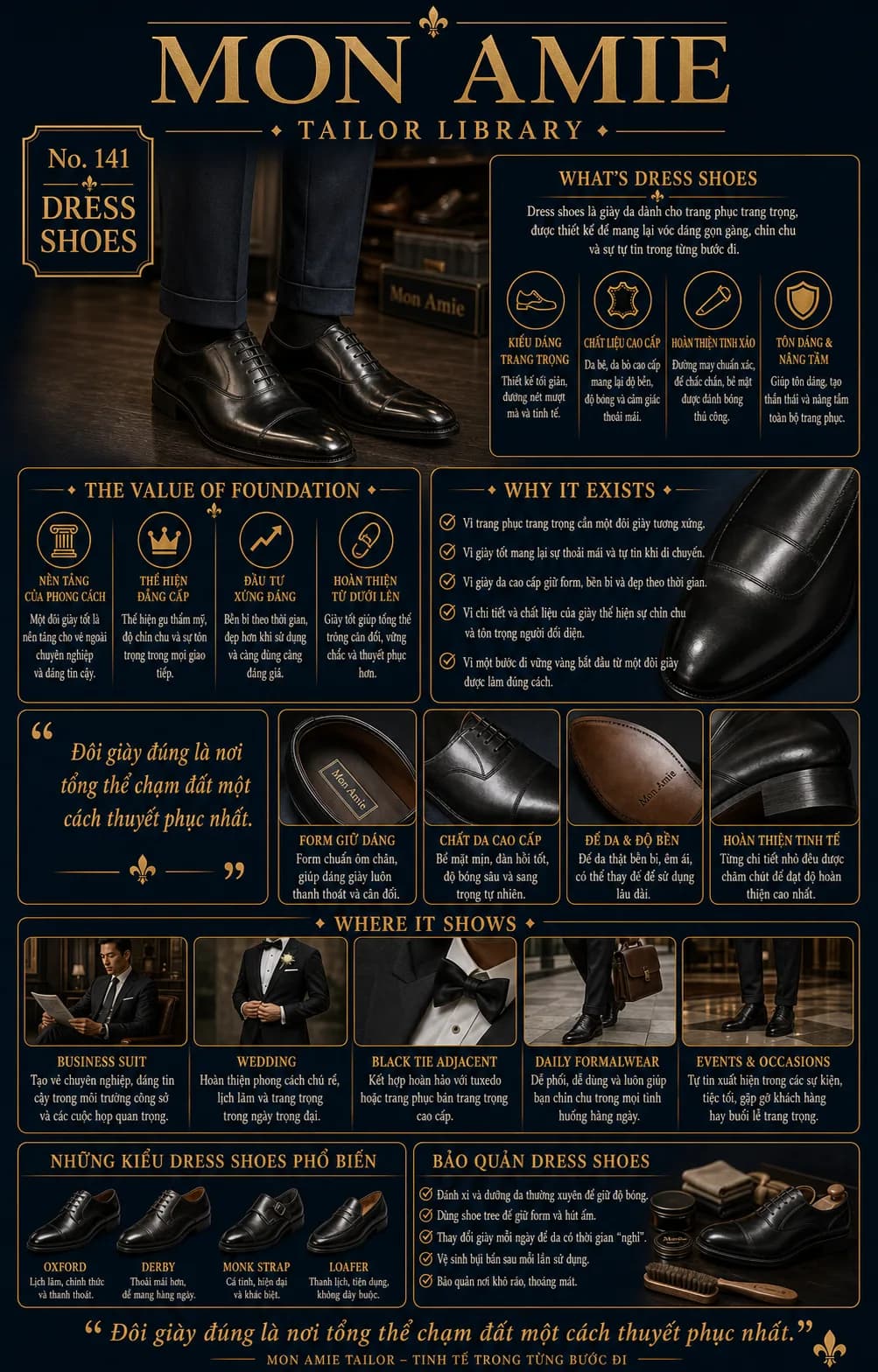 Poster Tailor Library số 141 của Mon Amie về dress shoes: giày da trang trọng, các kiểu phổ biến và cách bảo quản