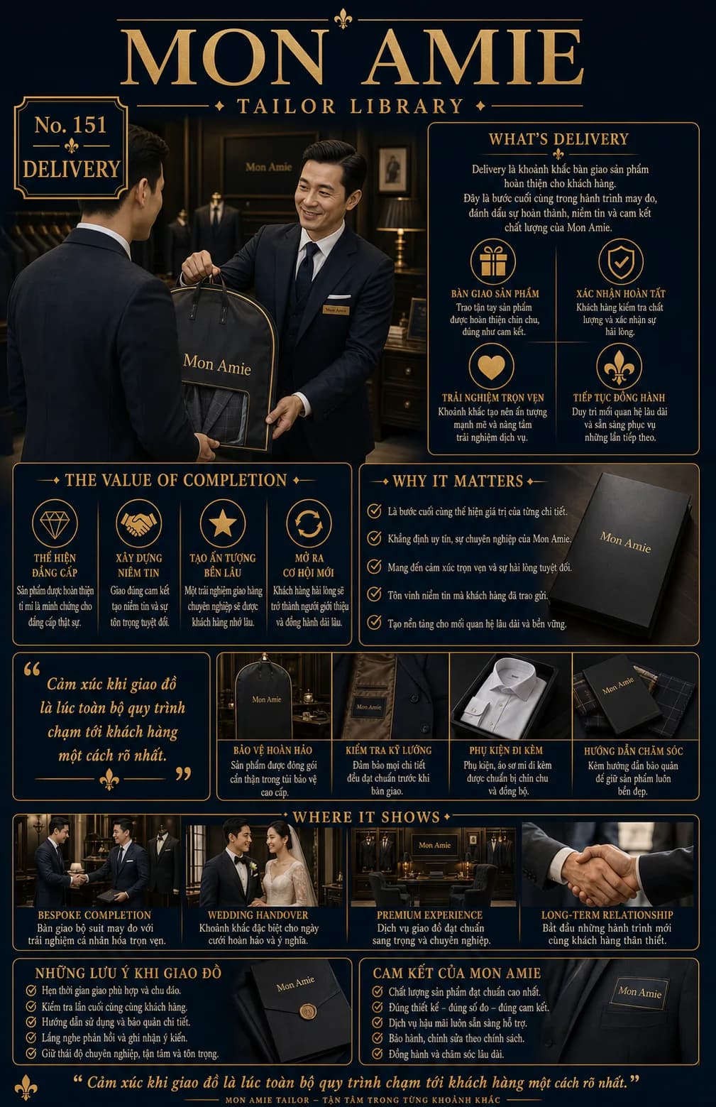 Mon Amie Tailor Library poster No. 151 on Delivery: an artisan handing a finished suit in its garment bag to a client at the showroom