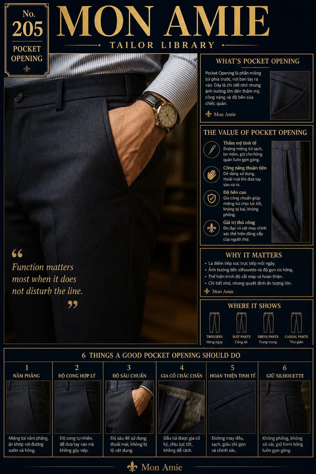 Mon Amie Tailor Library poster No. 205 on the Pocket Opening: the mouth of a trouser pocket with a hand slipping in