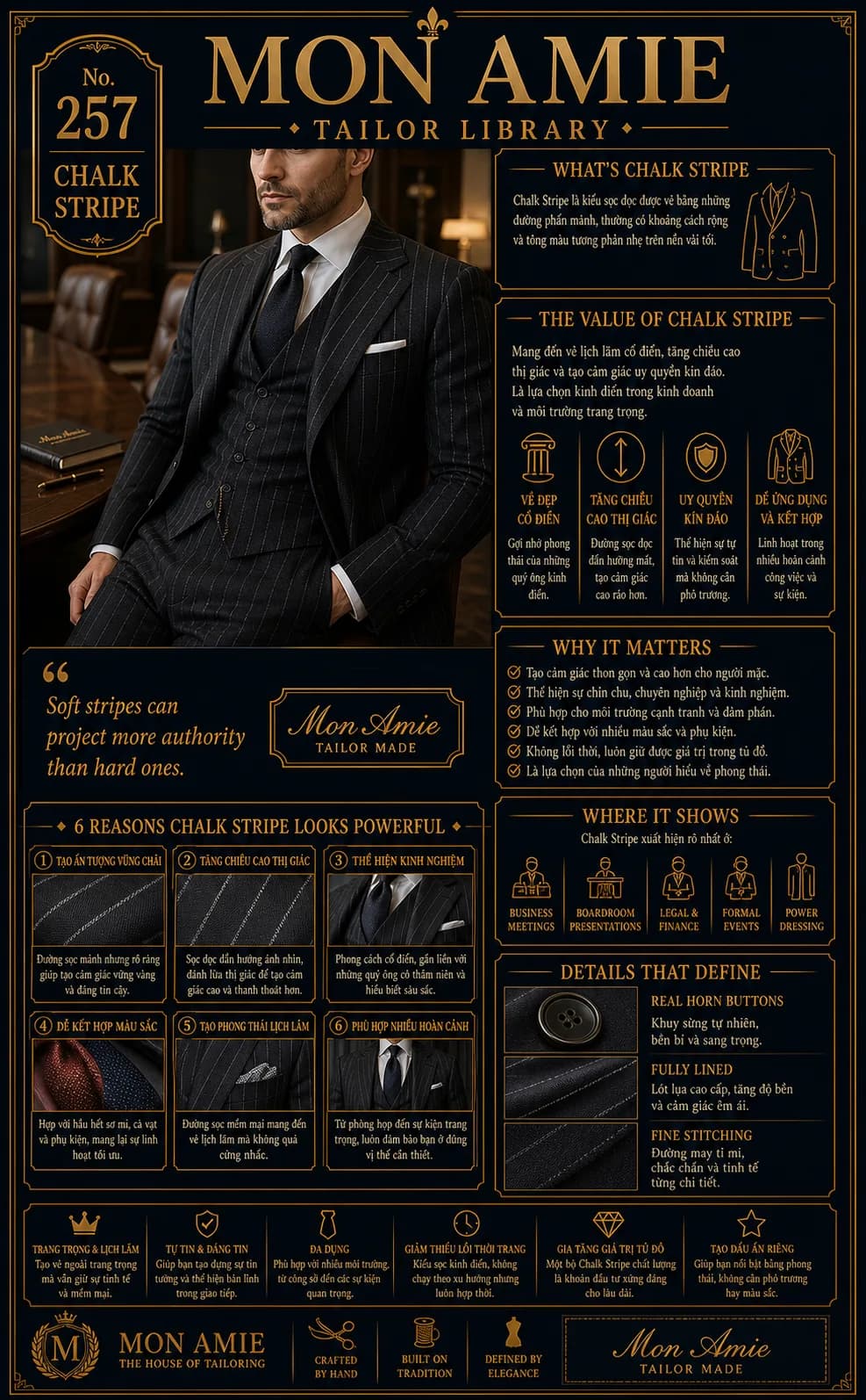 Poster Tailor Library số 257 của Mon Amie về Chalk Stripe: quý ông mặc suit ba mảnh sọc phấn cùng sáu lý do sọc phấn tạo phong thái quyền lực