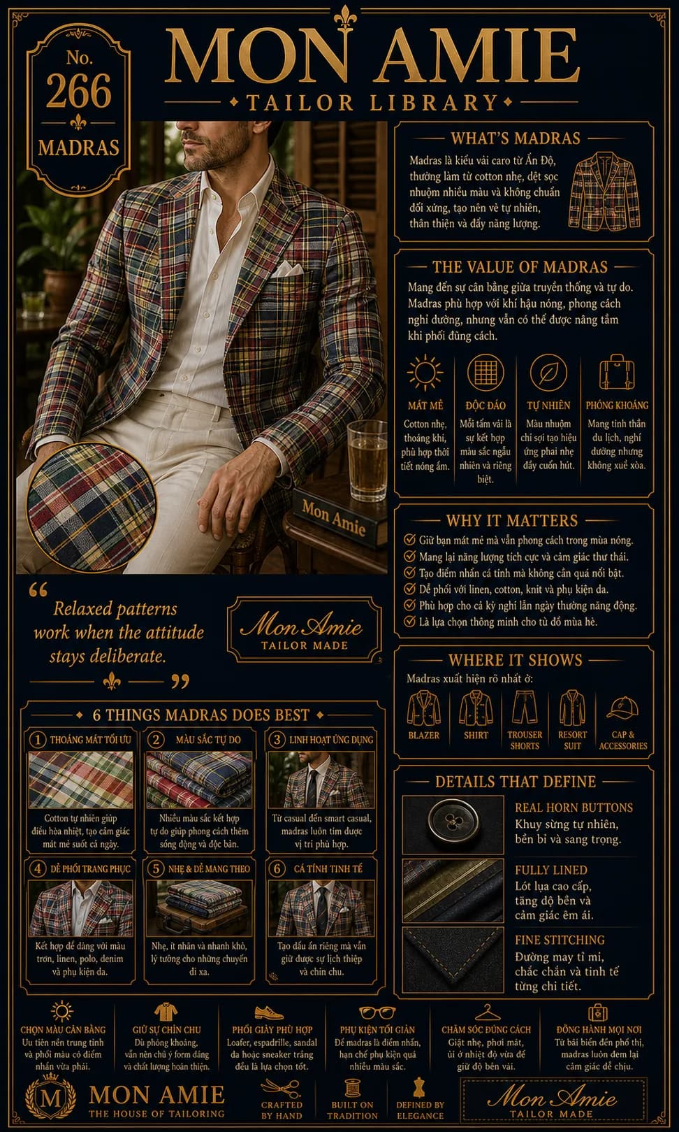 Poster Tailor Library số 266 của Mon Amie về Madras: blazer caro nhiều màu phối quần trắng theo tinh thần nghỉ dưỡng