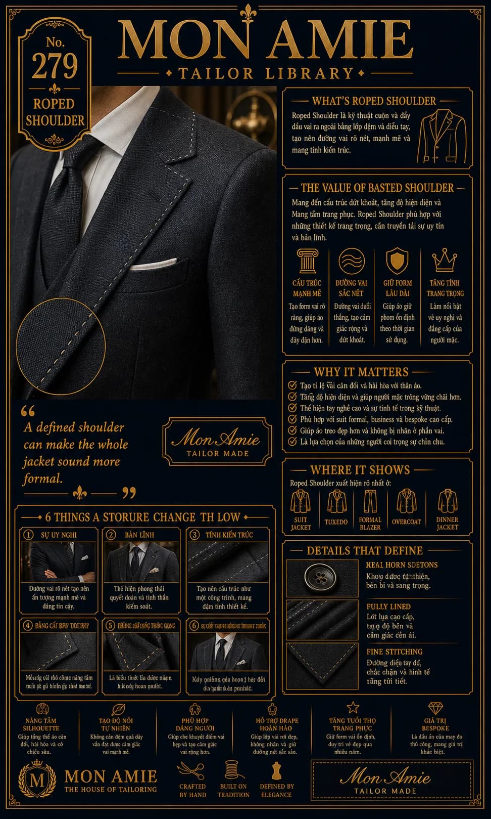 Poster Tailor Library số 279 của Mon Amie về Roped Shoulder: cận cảnh đường vai dựng sắc nét trên áo suit xám than