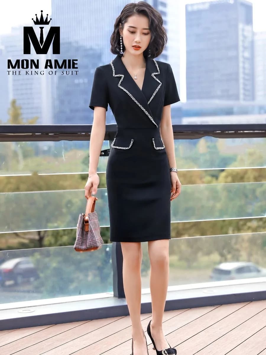Đầm Vest Đen Ve Chéo Viền Bện Trắng Tay Ngắn