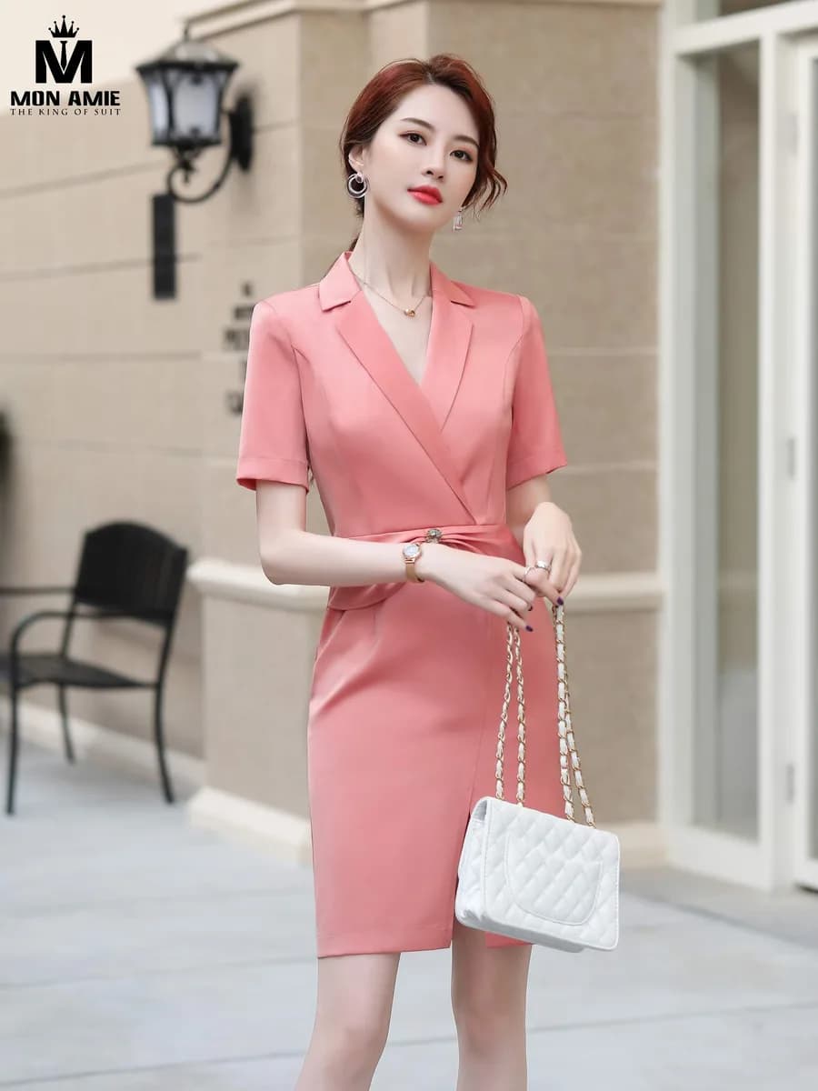 Đầm Cổ Vest Hồng San Hô Đắp Chéo Ôm Dáng