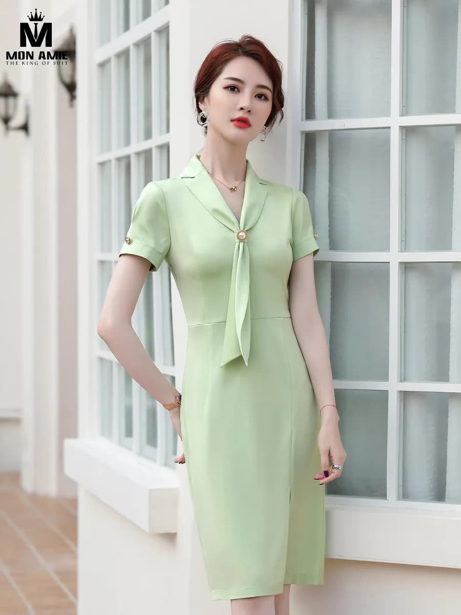 Đầm Cổ Vest Thắt Nơ Xanh Mint Nhạt