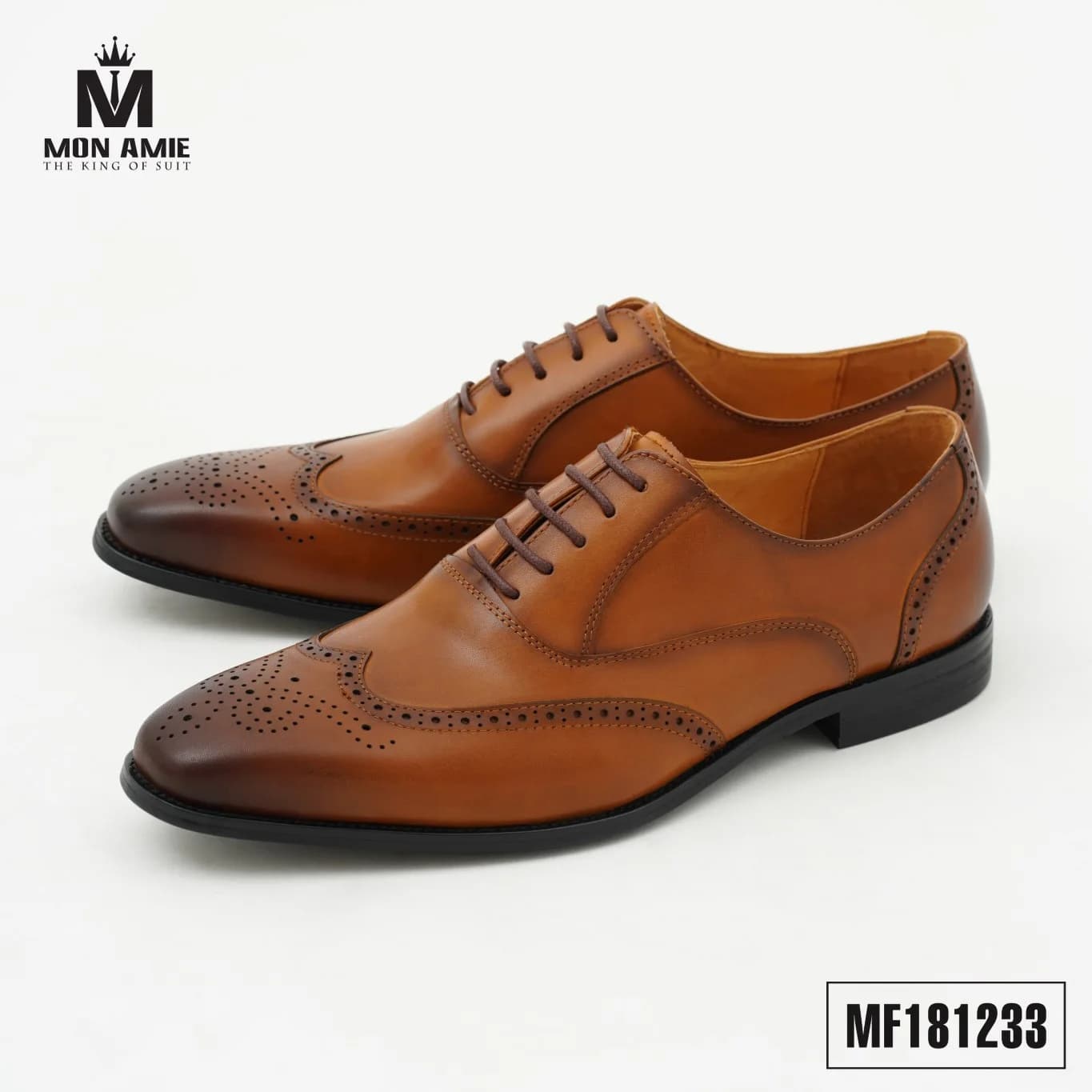 Giày Tây Oxford Wingtip Brogue Nâu Bò Đế Đen