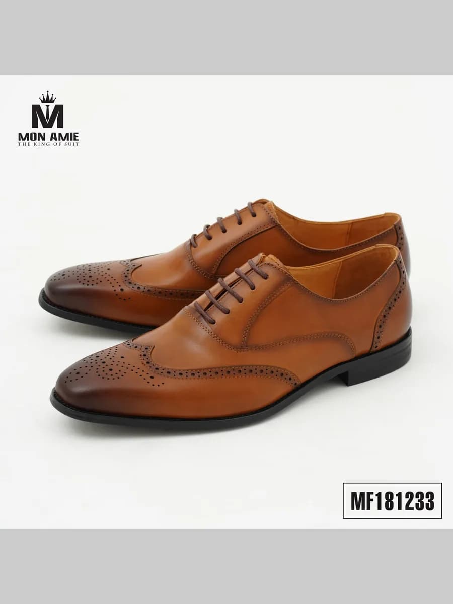 Giày Tây Oxford Wingtip Brogue Nâu Bò Đế Đen