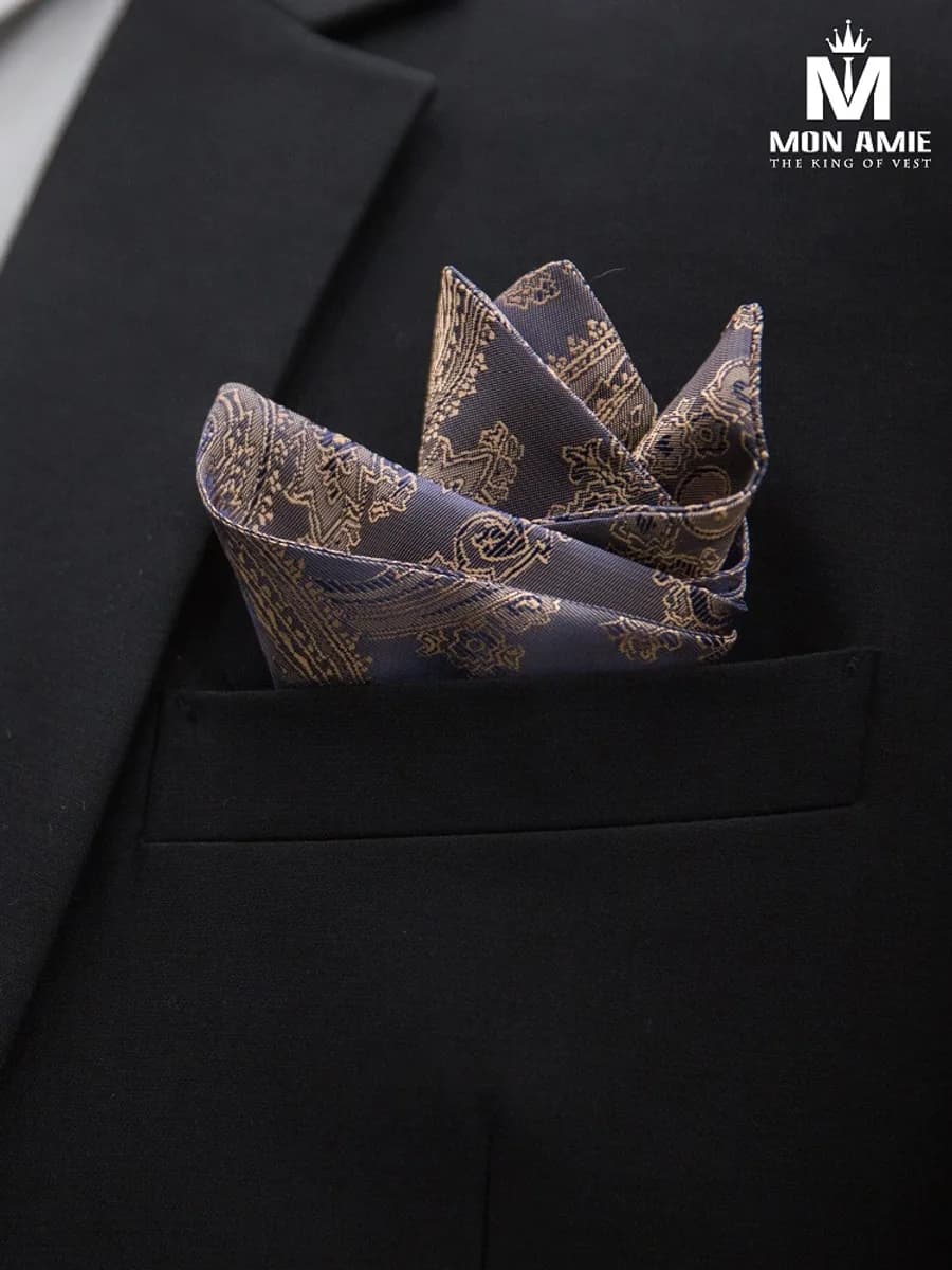 Khăn Túi Ngực Navy Ánh Tím Paisley Vàng Đồng
