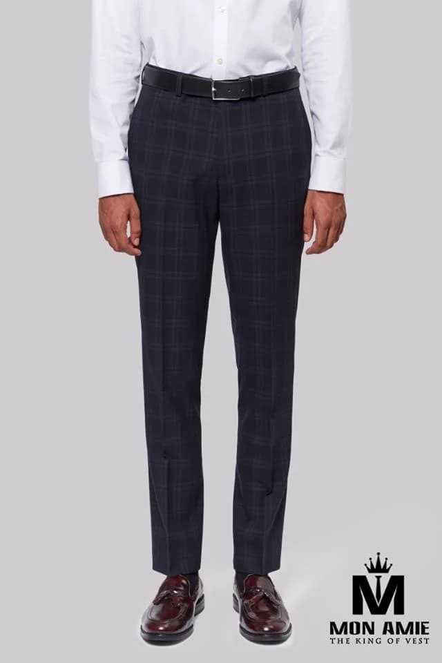 Quần Tây Navy Đậm Kẻ Tartan Mờ Thắt Lưng Đen