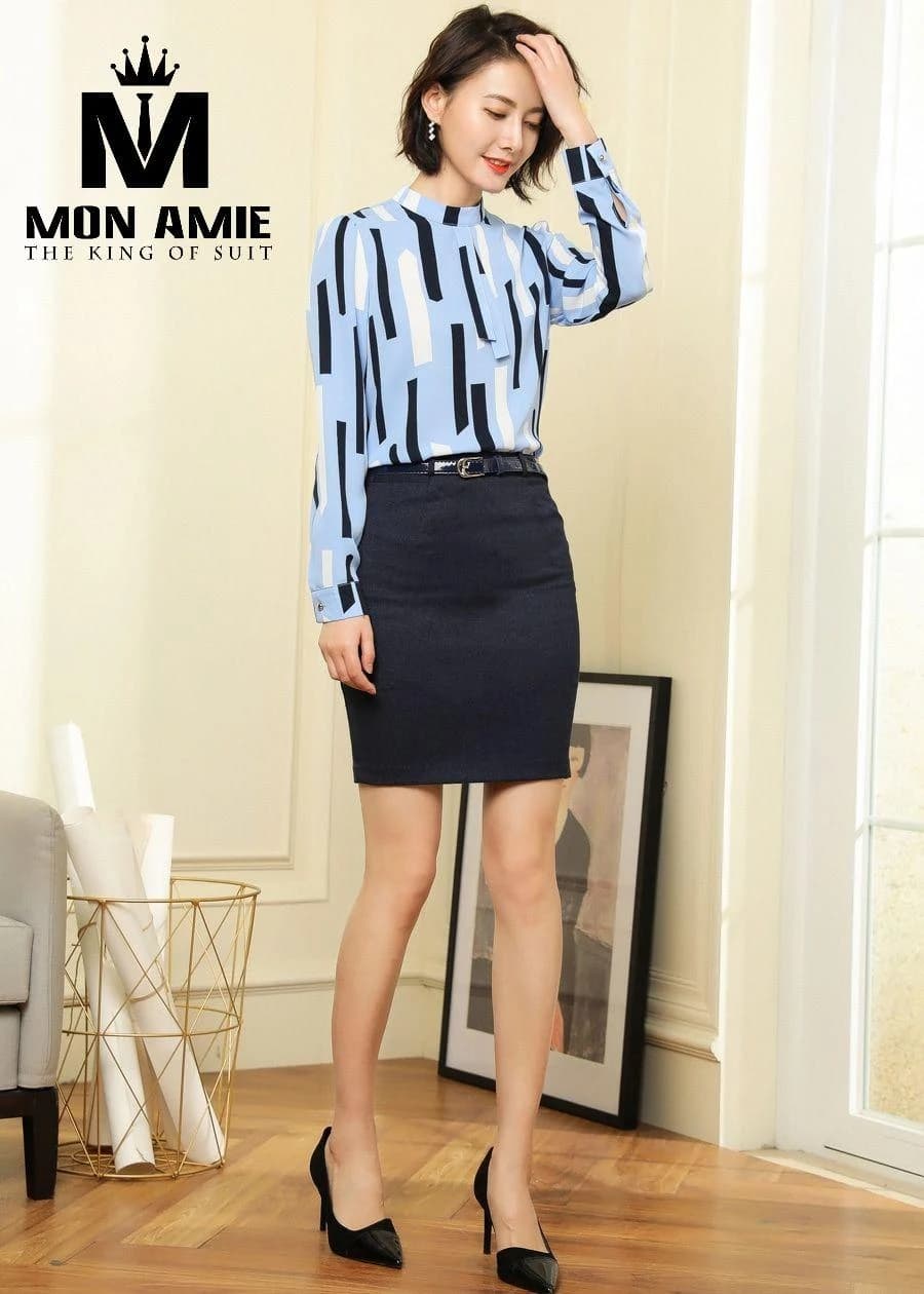 Áo Kiểu Họa Tiết Khối Xanh