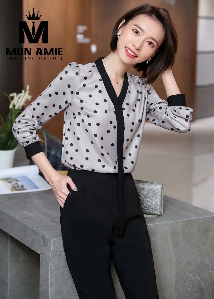Sơ Mi Nữ Chấm Bi Xám Đen Dải Nơ Cổ Buông