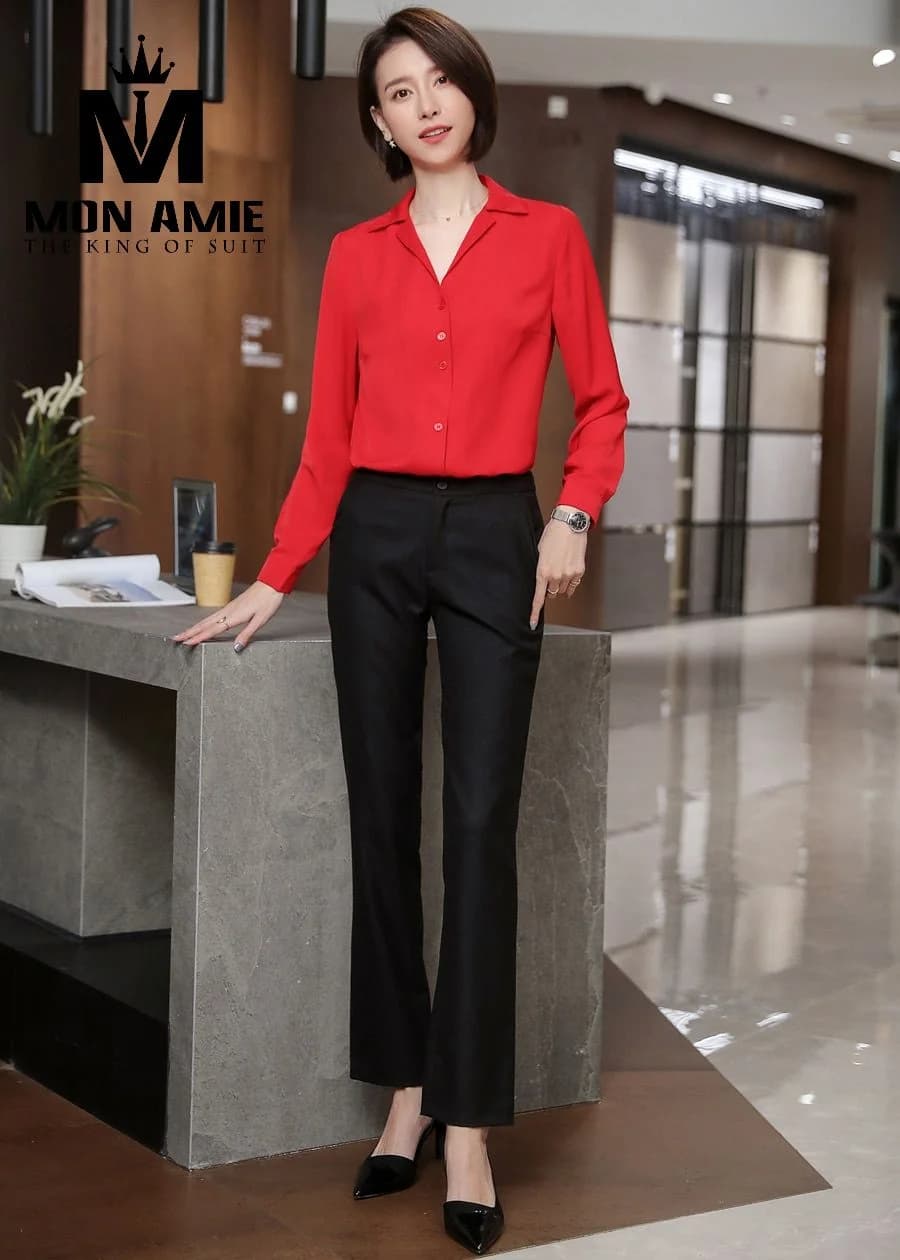 Sơ Mi Nữ Đỏ Tươi Cổ Bẻ Chữ V Cài Cúc
