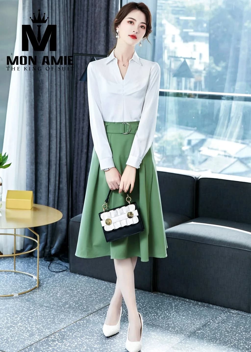 Sơ Mi Nữ Trắng Cổ V Phối Chân Váy Xanh Lá Xòe