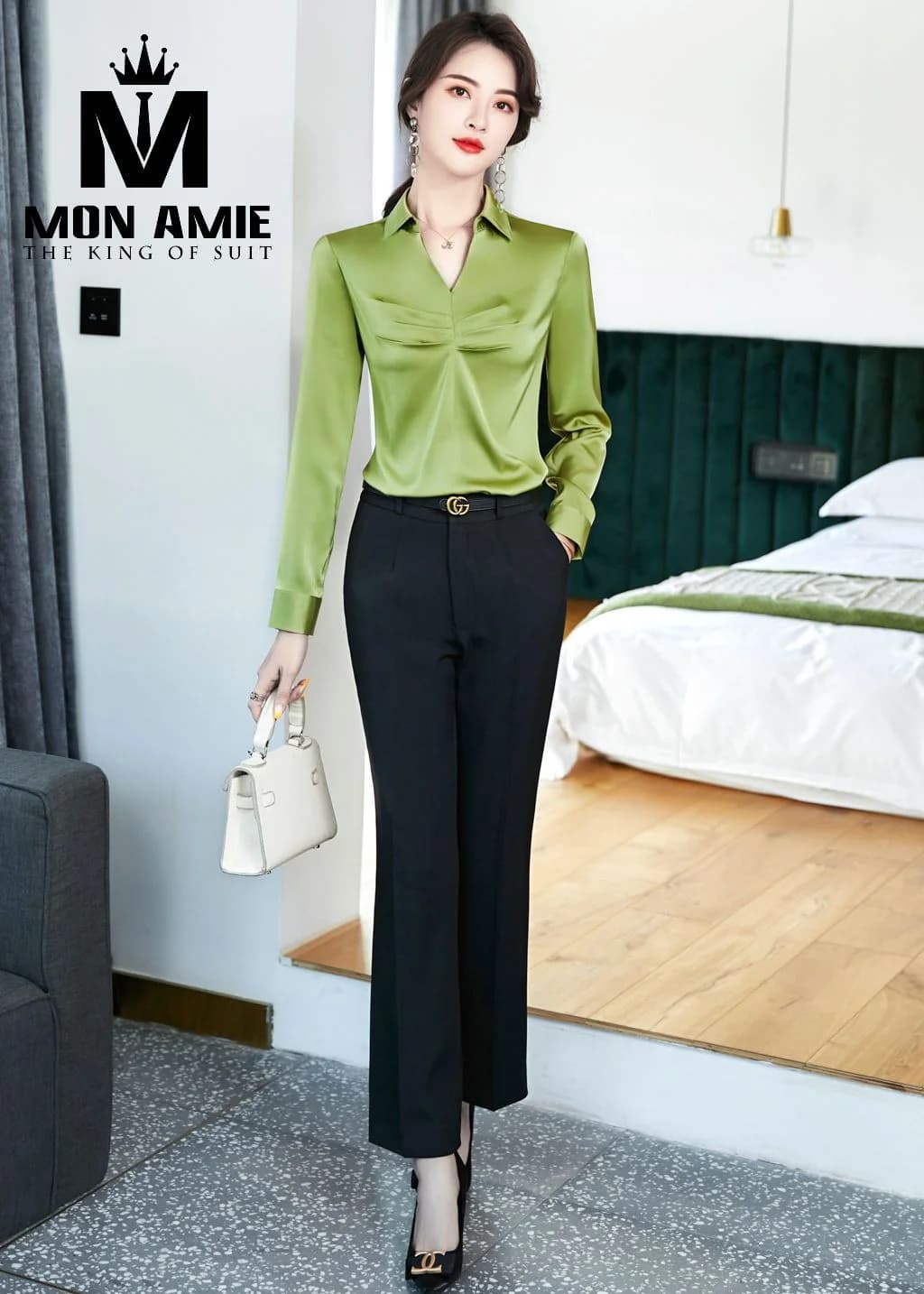 Sơ Mi Nữ Xanh Lá Mạ Cổ V Xếp Ly Ngực Ánh Satin