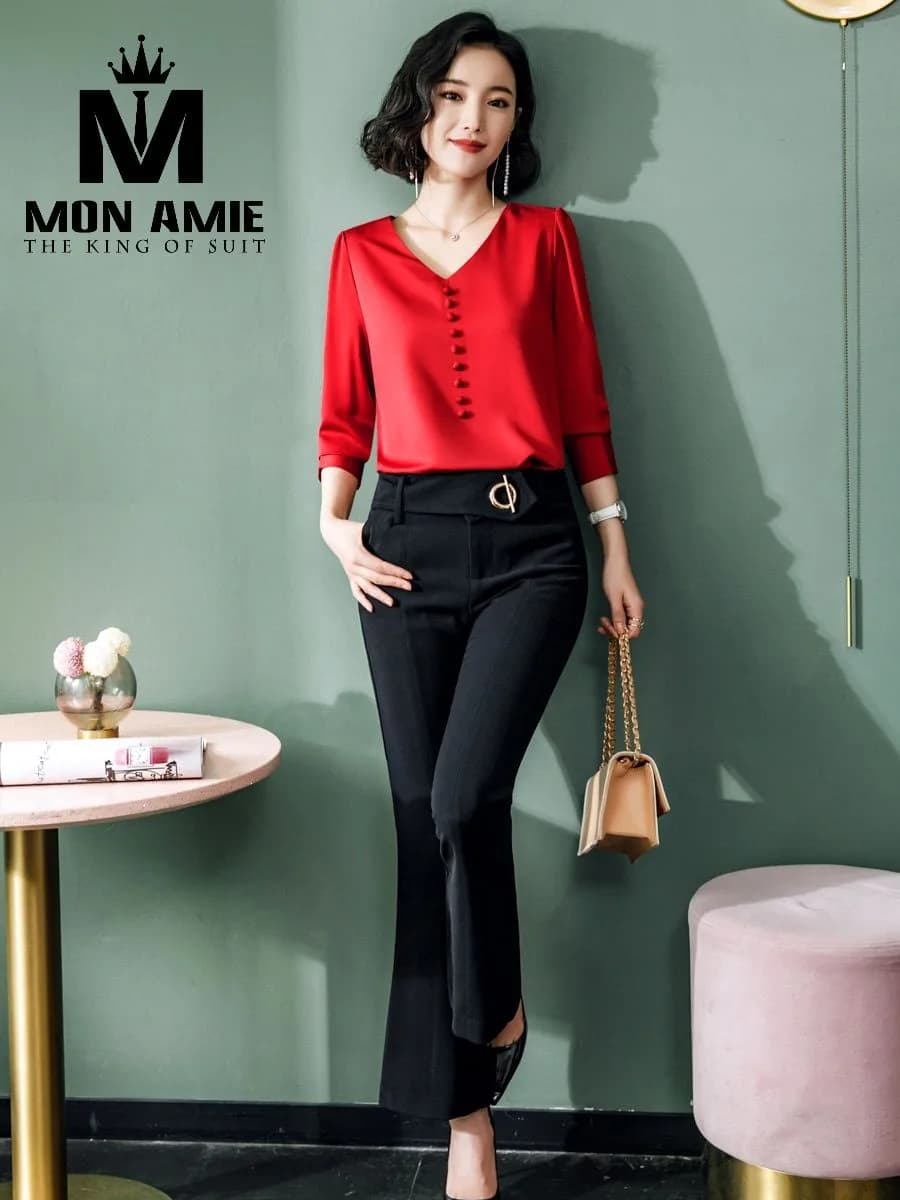 Sơ Mi Nữ Đỏ Cổ V Hàng Cúc Bọc Dọc Ngực