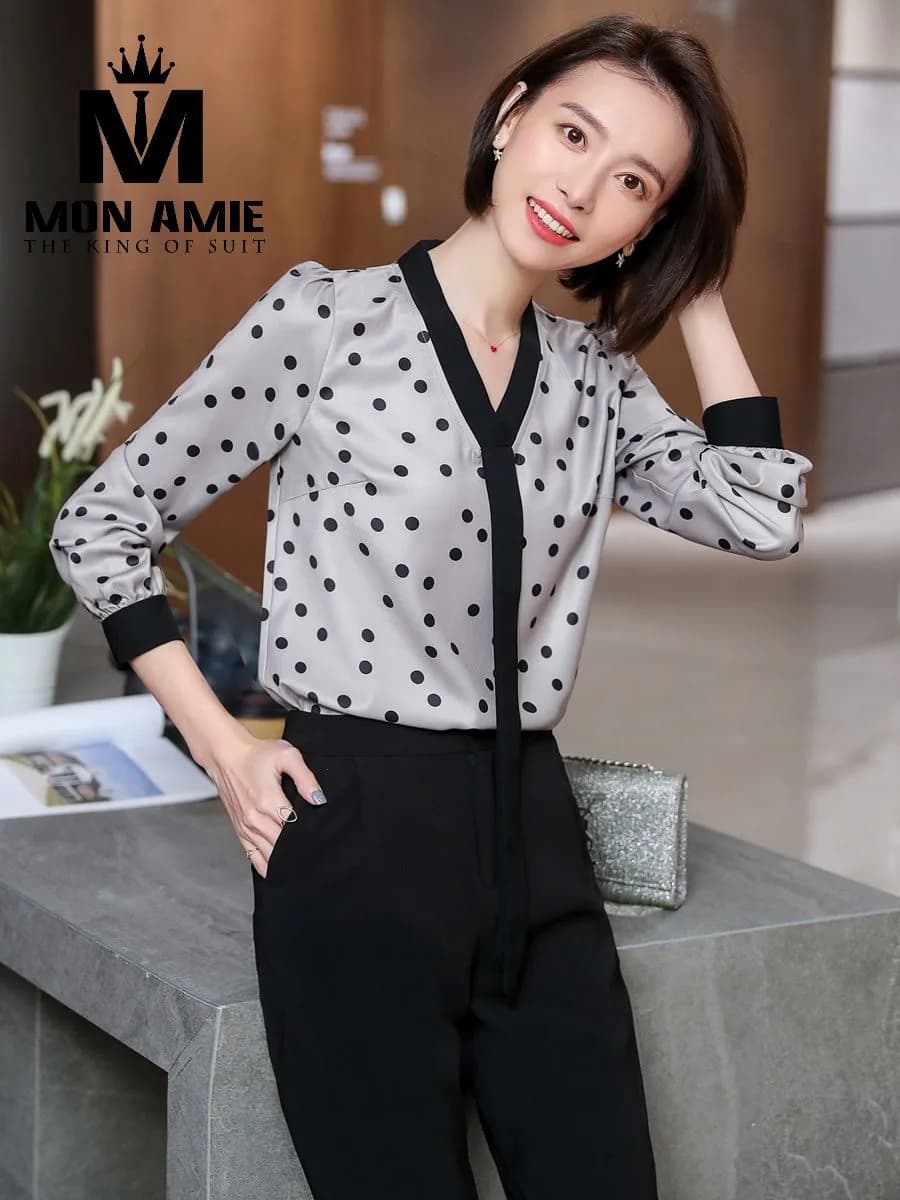 Sơ Mi Nữ Chấm Bi Xám Đen Dải Nơ Cổ Buông