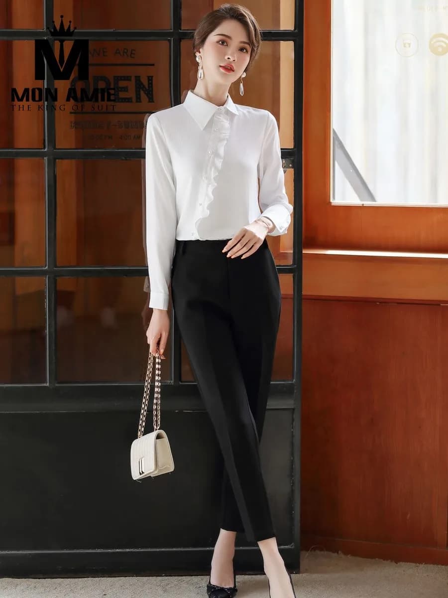 Sơ Mi Nữ Trắng Bèo Xếp Nẹp Lệch