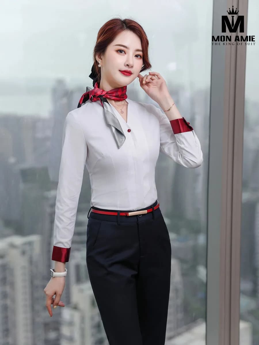 Sơ Mi Nữ Trắng Cổ V Phối Măng Sét Đỏ Đô