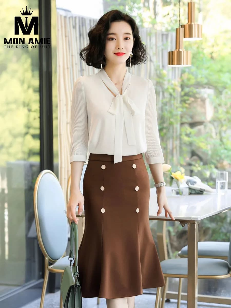 Áo Trắng Cổ Nơ Tay Xếp Ly Phối Chân Váy Đuôi Cá Nâu