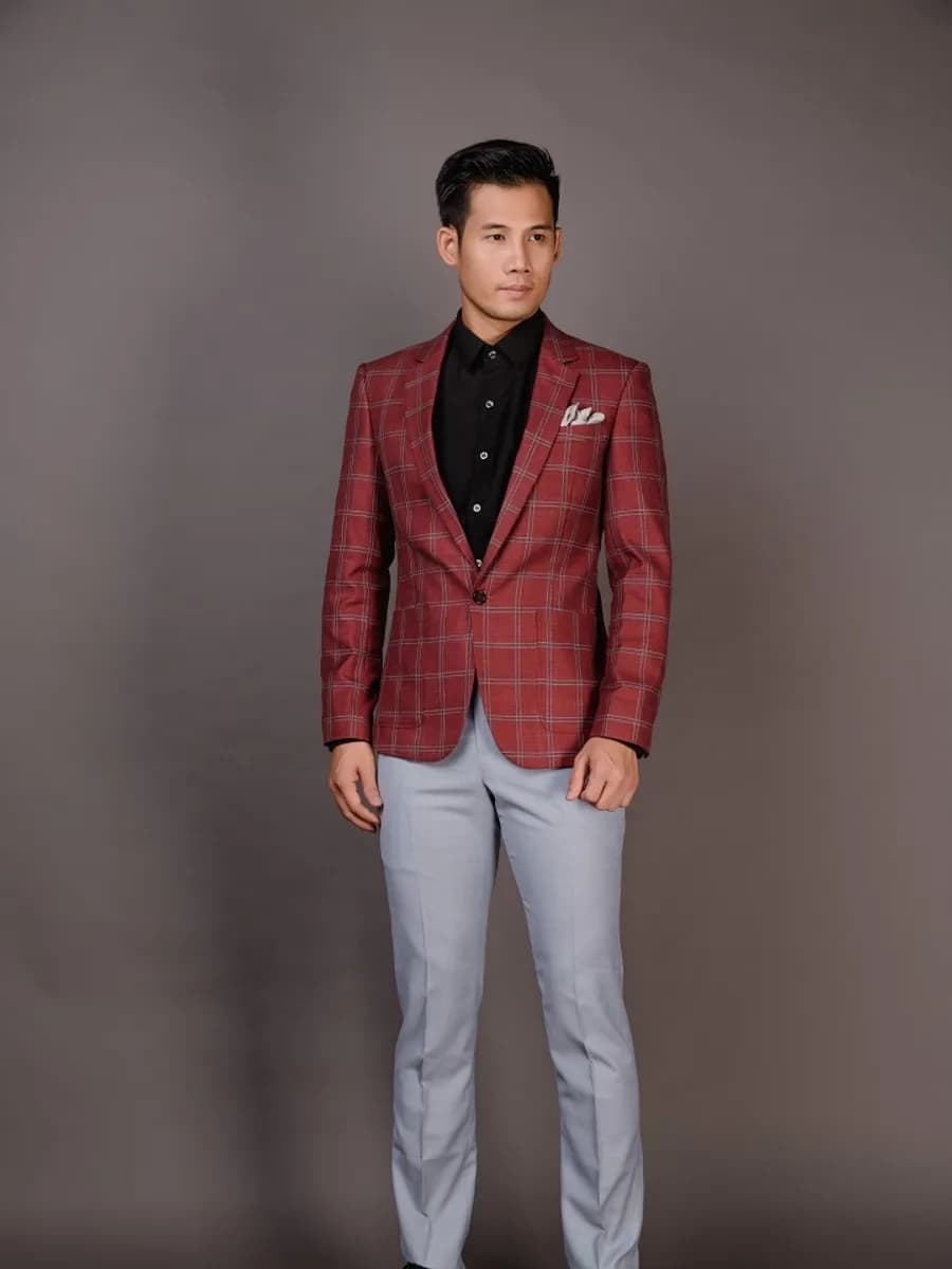 Blazer Đỏ Gạch Caro Ô Lớn Kẻ Trắng Xám