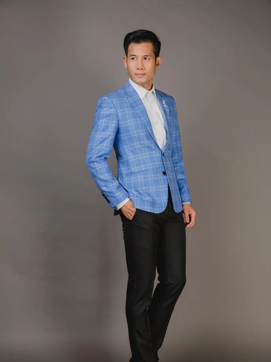 Blazer Xanh Dương Caro Ô Lớn Kẻ Trắng 2 Khuy