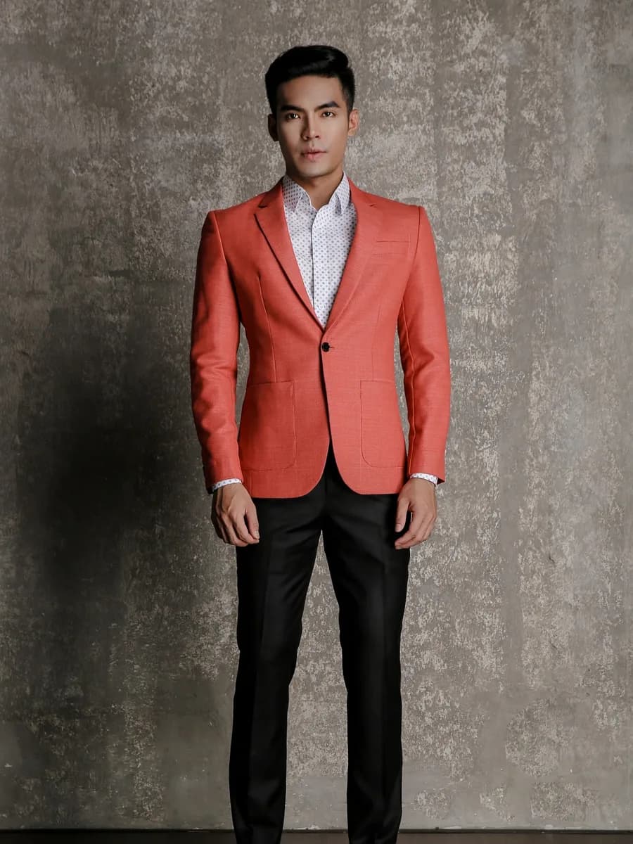 Blazer Cam San Hô Dệt Nổi Vân Hai Túi Đắp