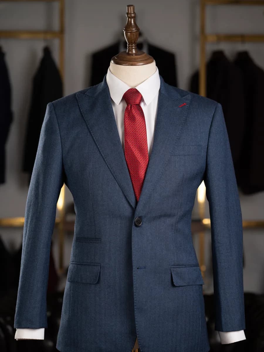 Suit Xanh Denim Xương Cá Ve Nhọn Hai Nút