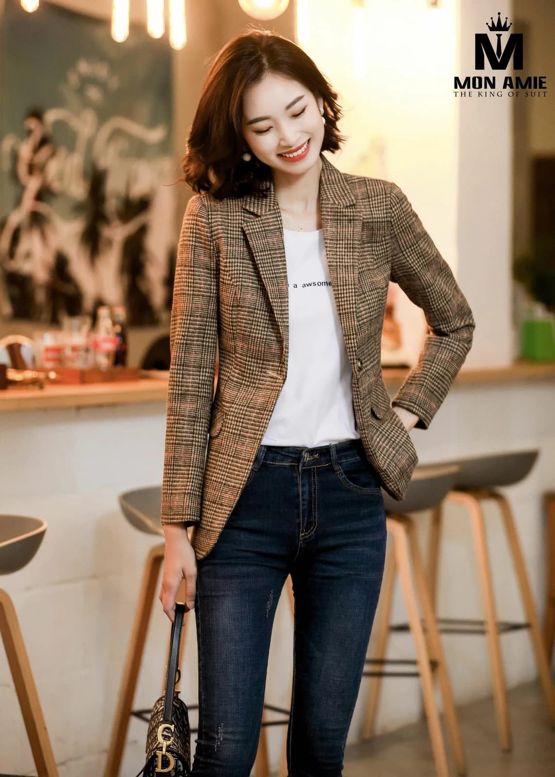 Blazer Nâu Đất Kẻ Cam Gạch