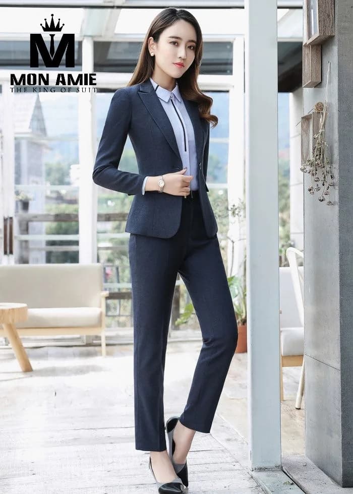 Suit Nữ Xanh Navy Vân Nhám Phối Quần Âu Ống Đứng