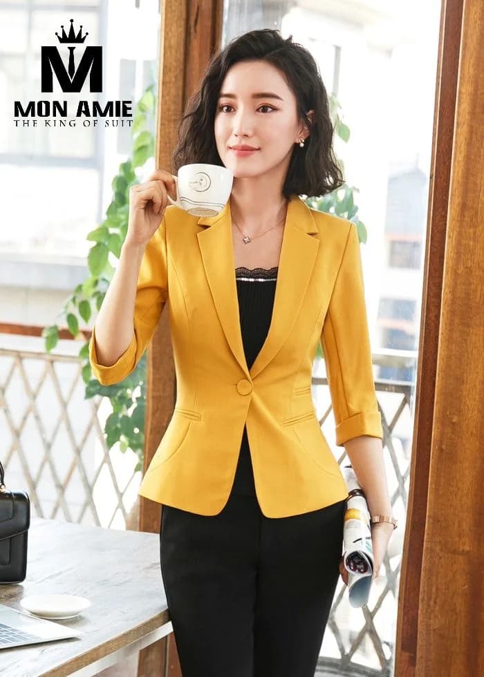Áo Vest Nữ Vàng Mù Tạt Tay Lửng Một Nút