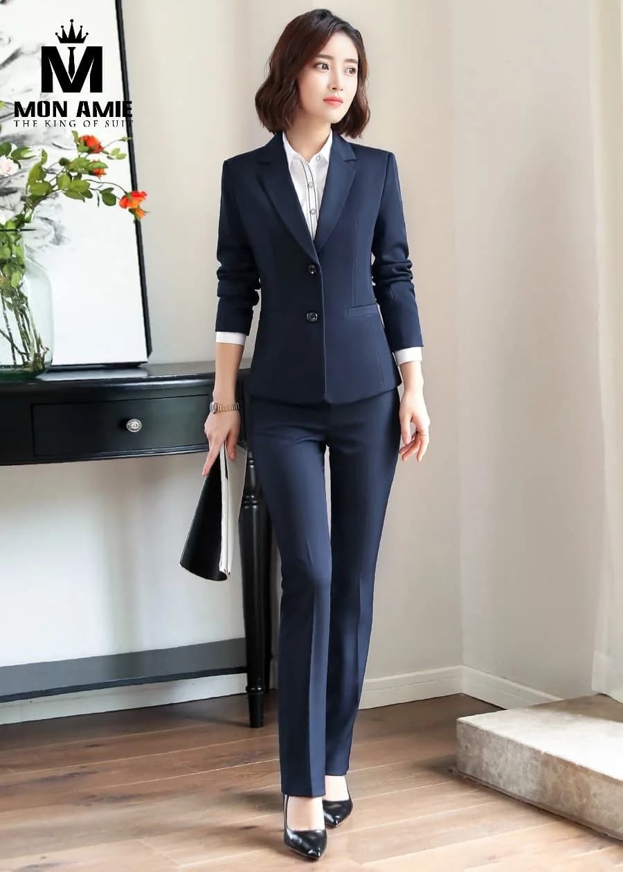 Suit Nữ Xanh Navy Hai Nút Nhấn Eo Quần Ống Suông