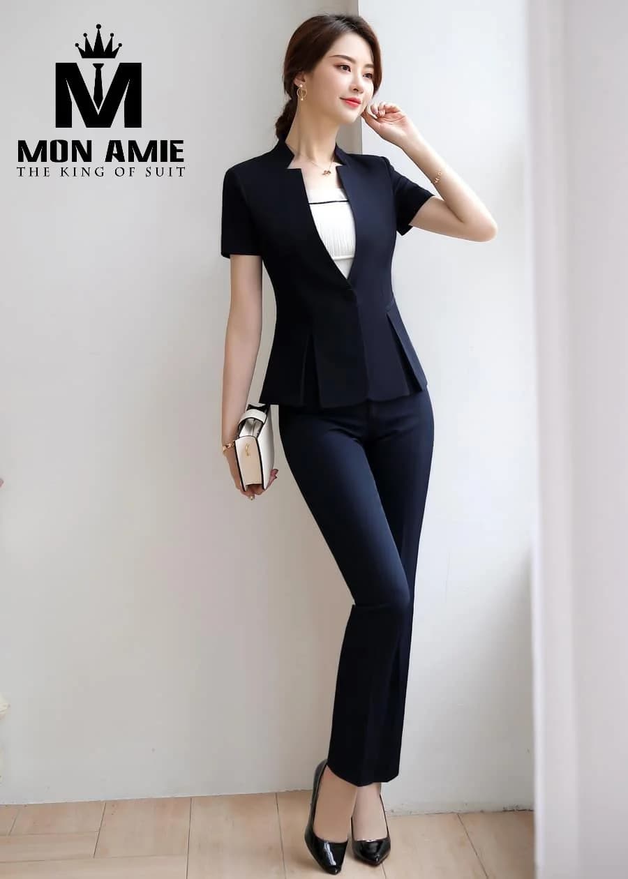 Suit Nữ Xanh Đen Cổ Đứng Xếp Ly Eo Quần Ống Đứng