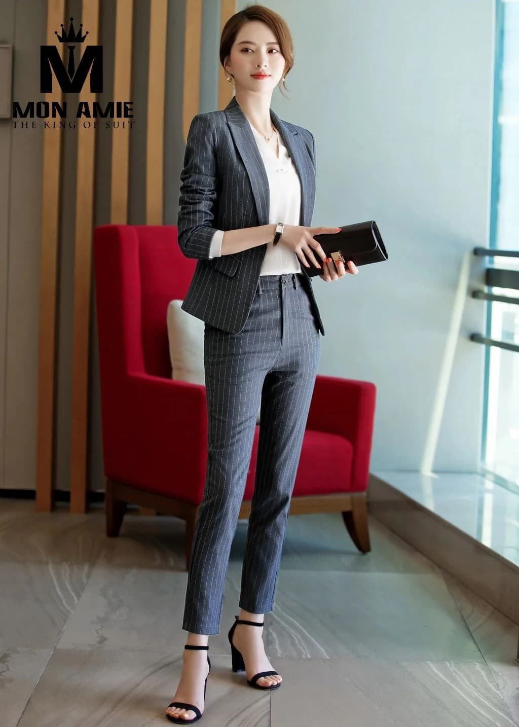 Suit Nữ Xám Đậm Kẻ Sọc Chì Quần Tây Ống Đứng