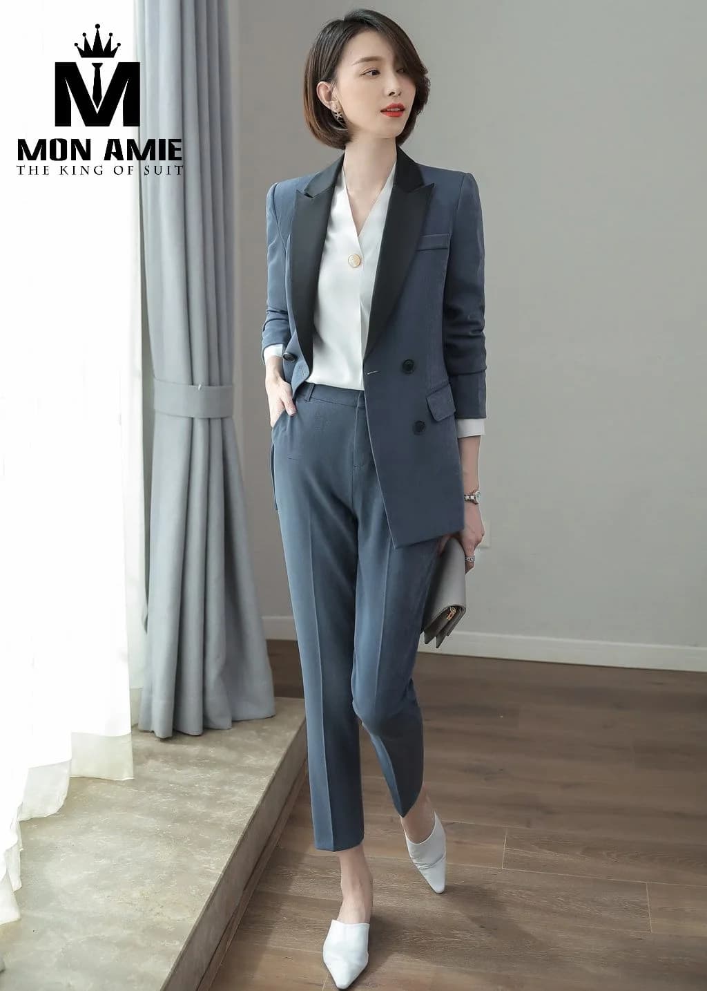Suit Nữ Xanh Xám Ve Nhọn Satin Đen Cài Chéo