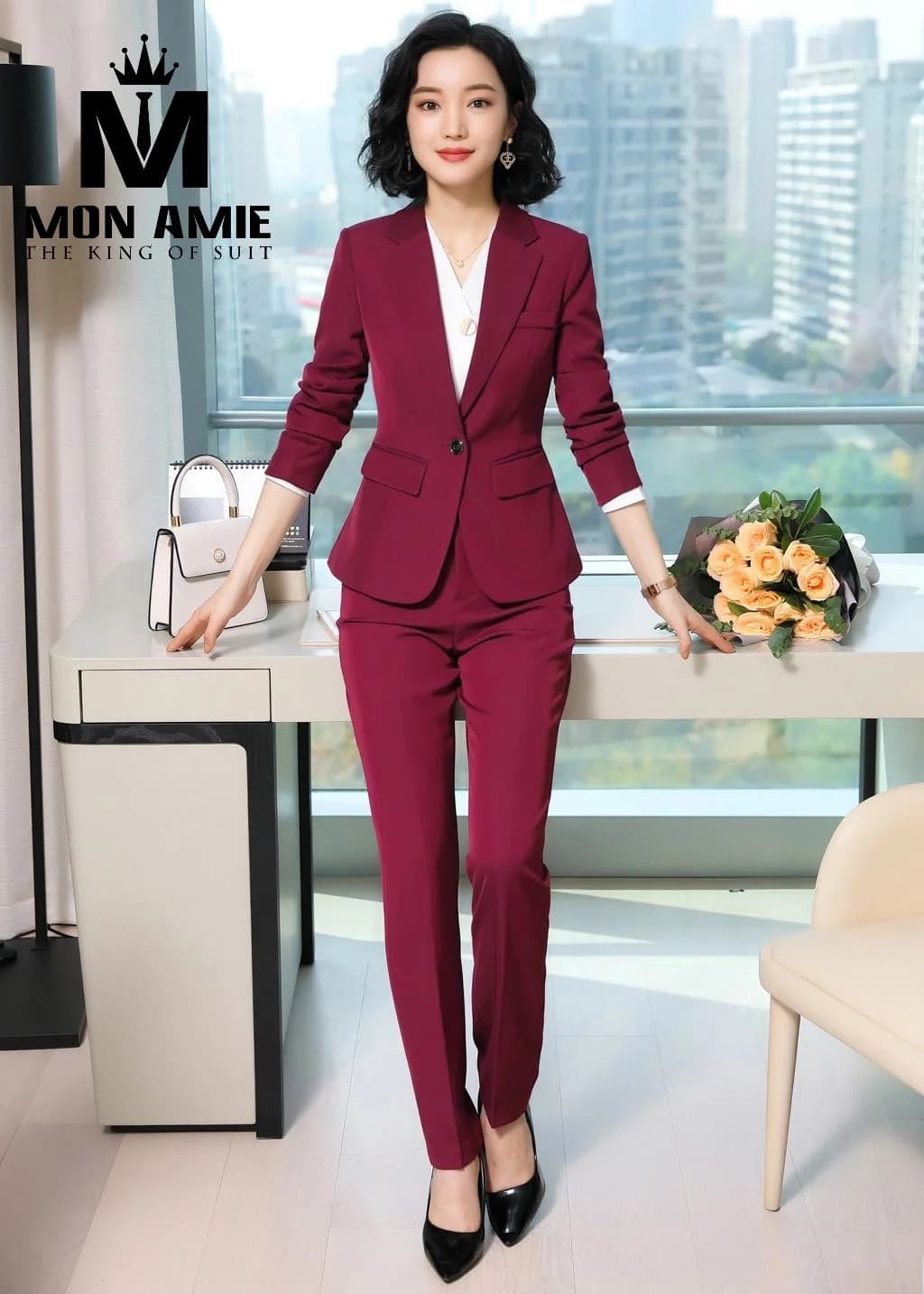 Suit Nữ Đỏ Đô Túi Nắp Quần Ống Đứng