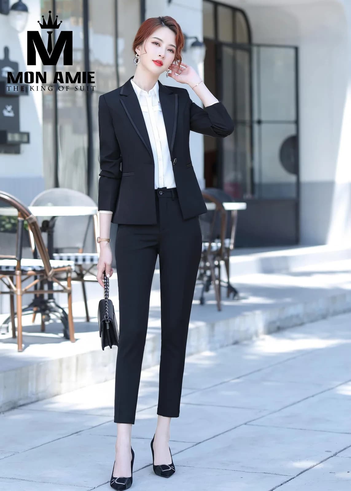 Suit Nữ Đen Ve Viền Satin Quần Ôm Công Sở