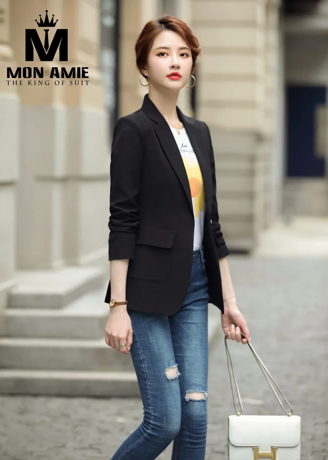 Áo Vest Nữ Đen Túi Nắp Lớn Một Cúc Tay Xắn