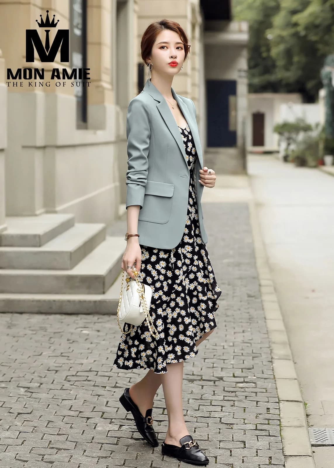 Áo Vest Nữ Xanh Xám Túi Nắp Phối Đầm Hoa Cúc