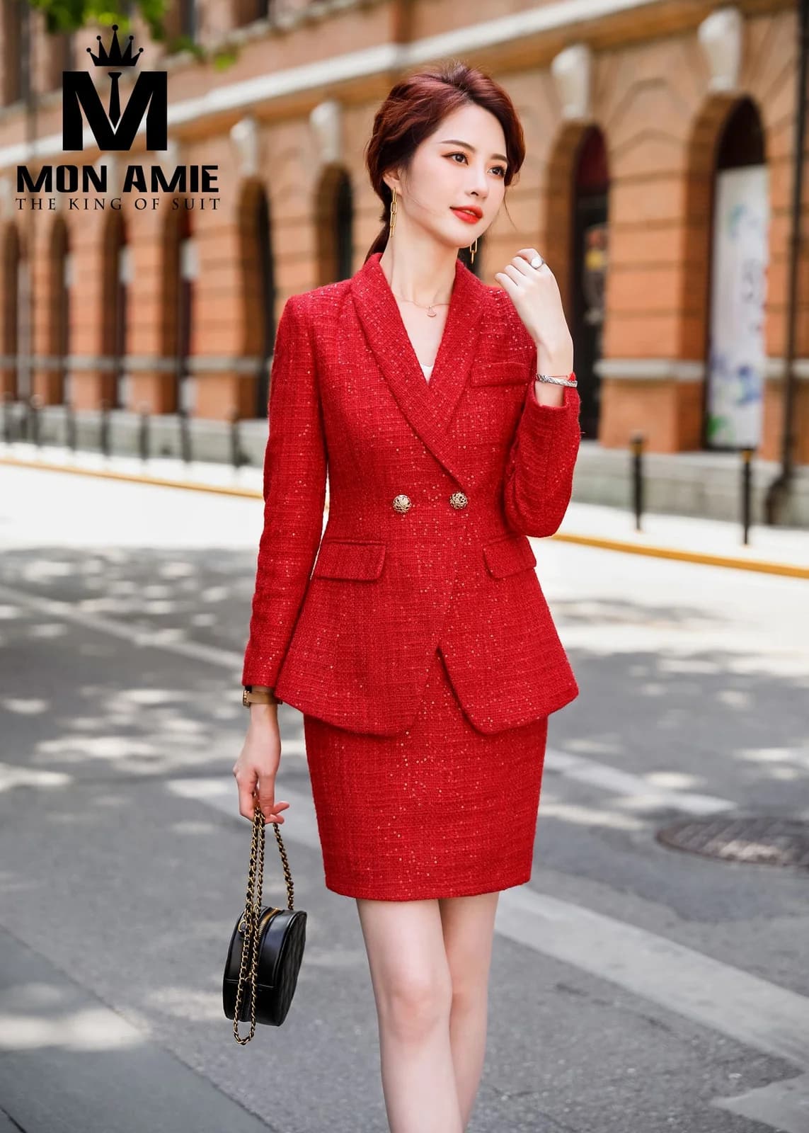 Bộ Tweed Nữ Đỏ Kim Sa Ve Shawl Khuy Vàng Tà Xòe