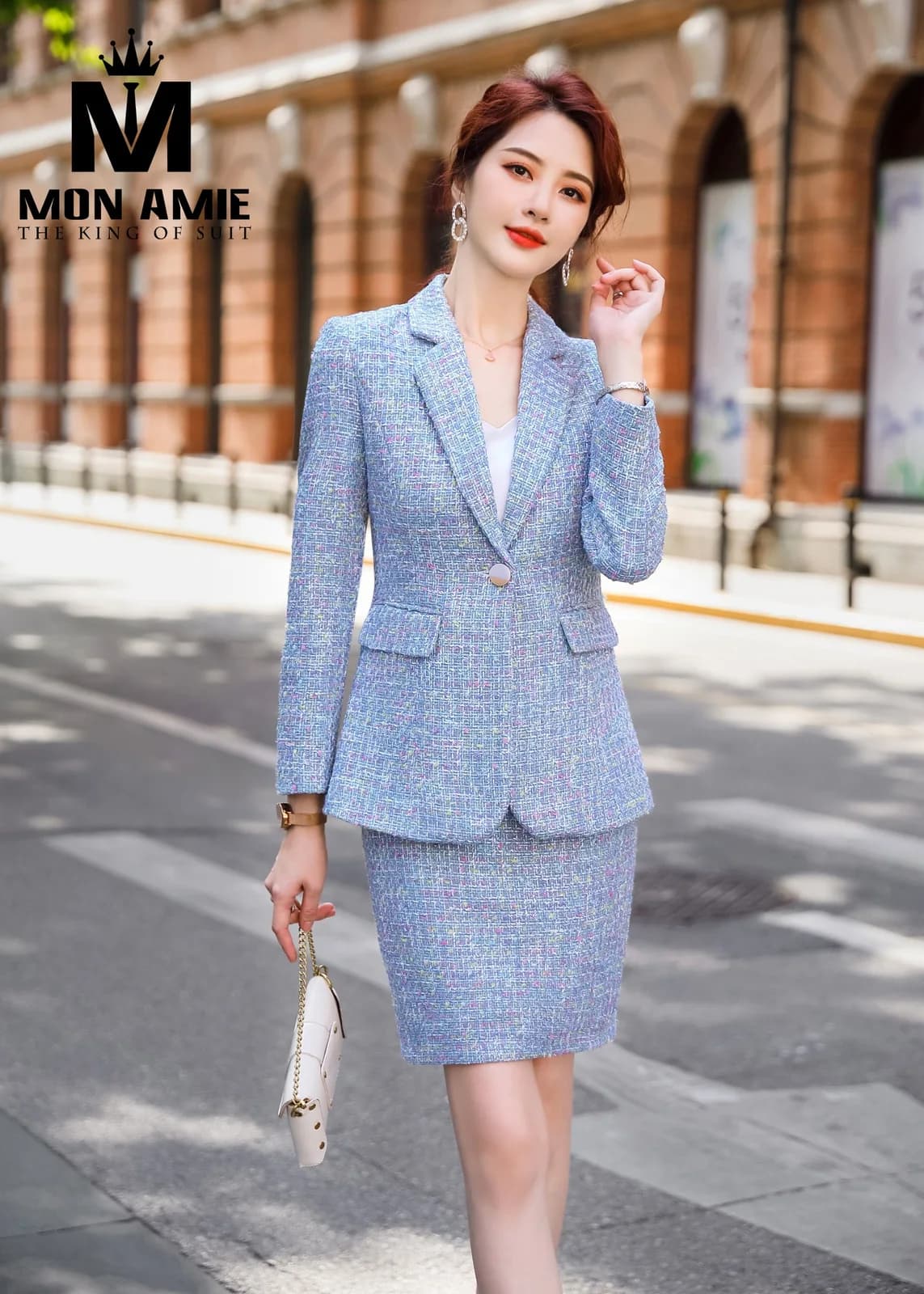 Bộ Tweed Nữ Xanh Da Trời Lấm Tấm Hồng Vàng Váy Ôm