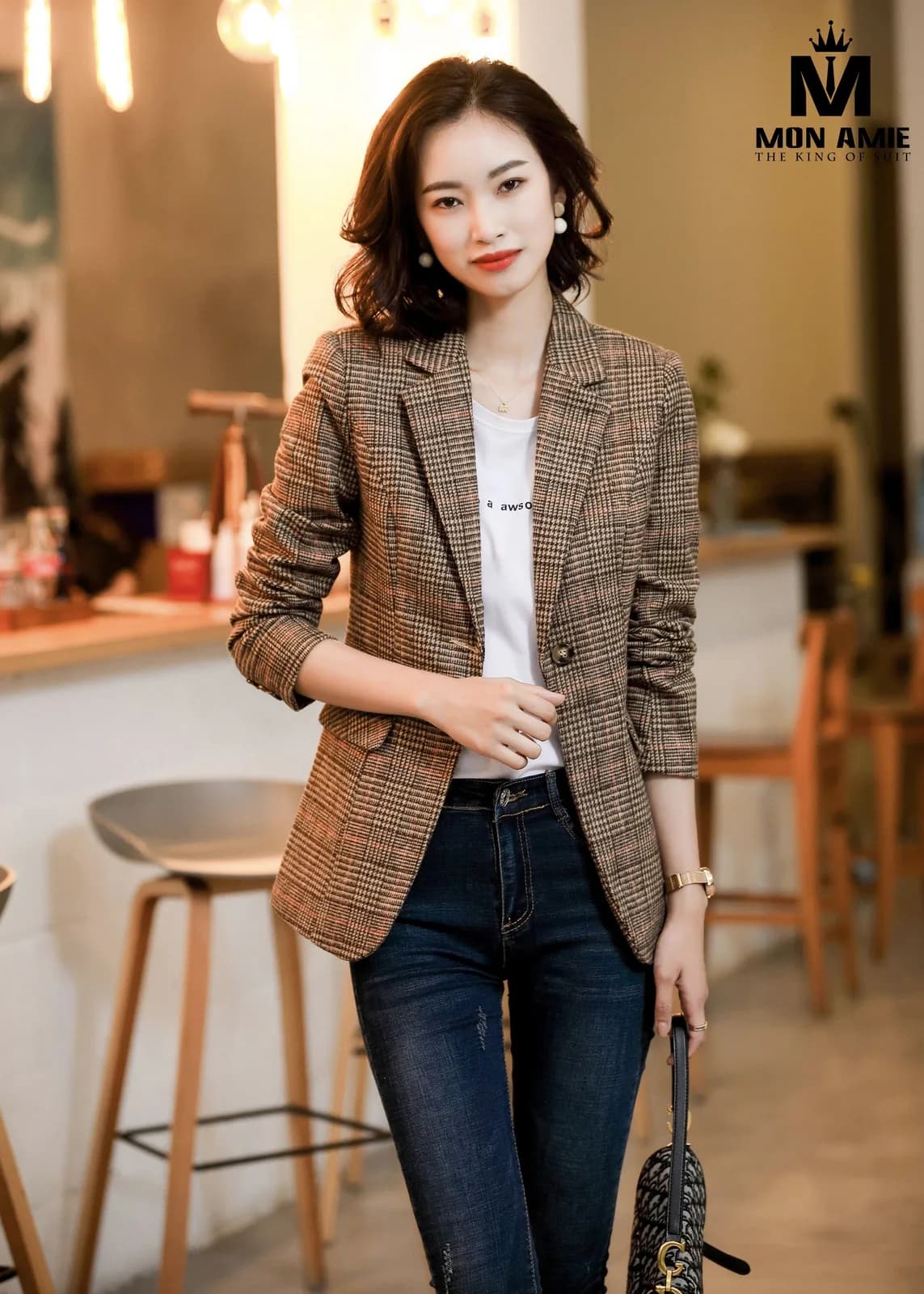 Blazer Nữ Caro Nâu Caramel Một Nút Tay Xắn