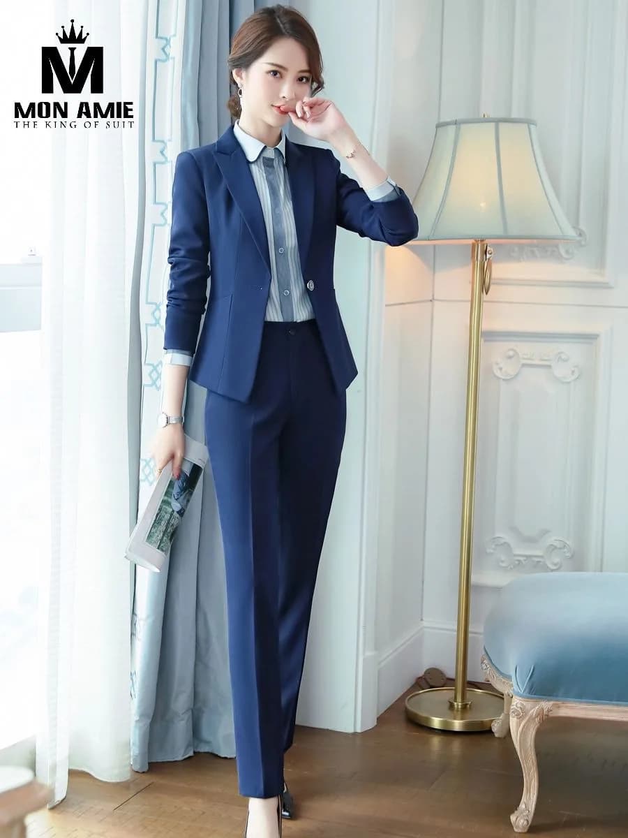 Suit Nữ Xanh Hoàng Gia Một Nút Sơ Mi Sọc Xanh Ghi