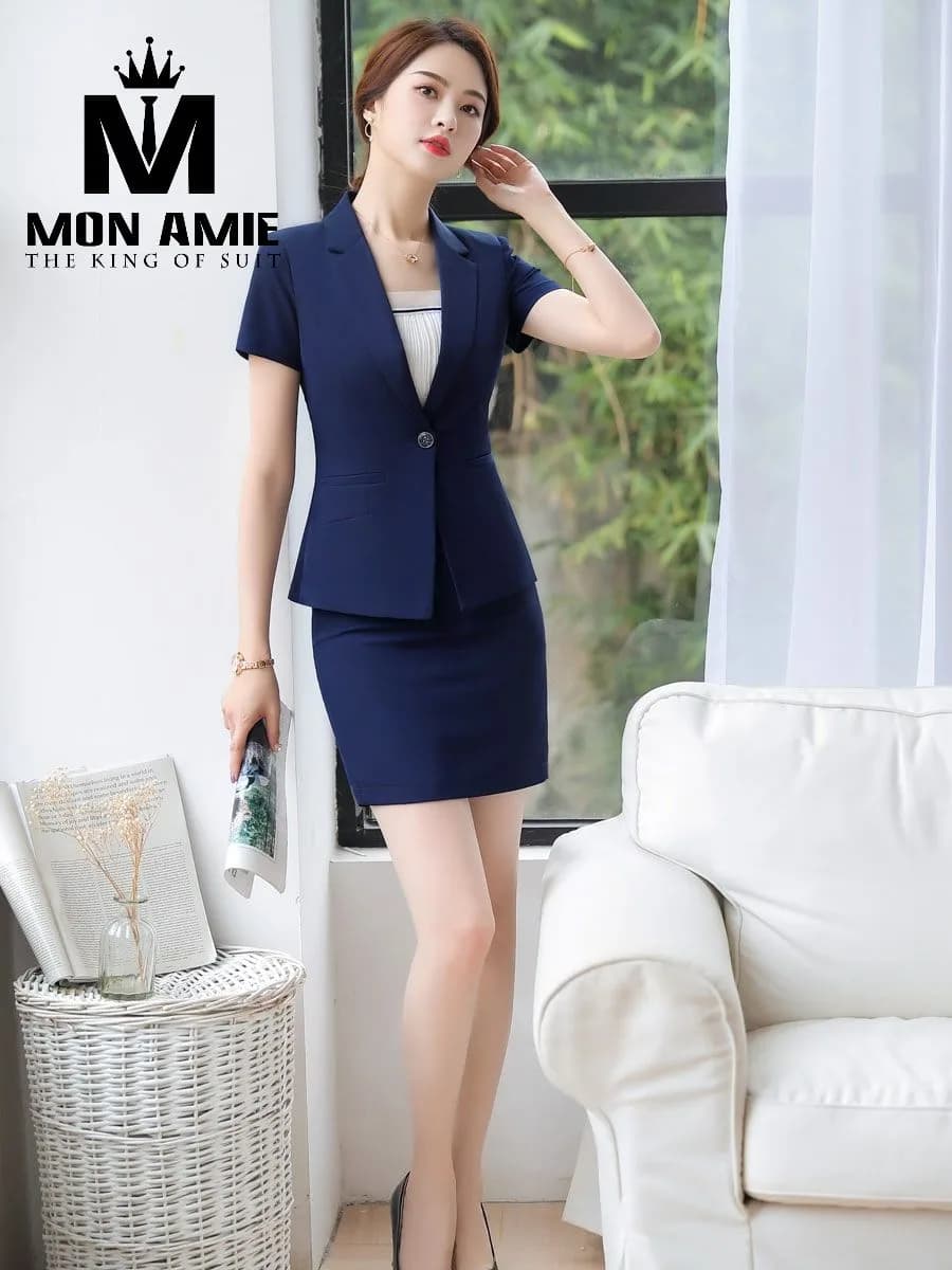 Suit Nữ Xanh Navy Tay Ngắn Một Nút Chân Váy Ôm