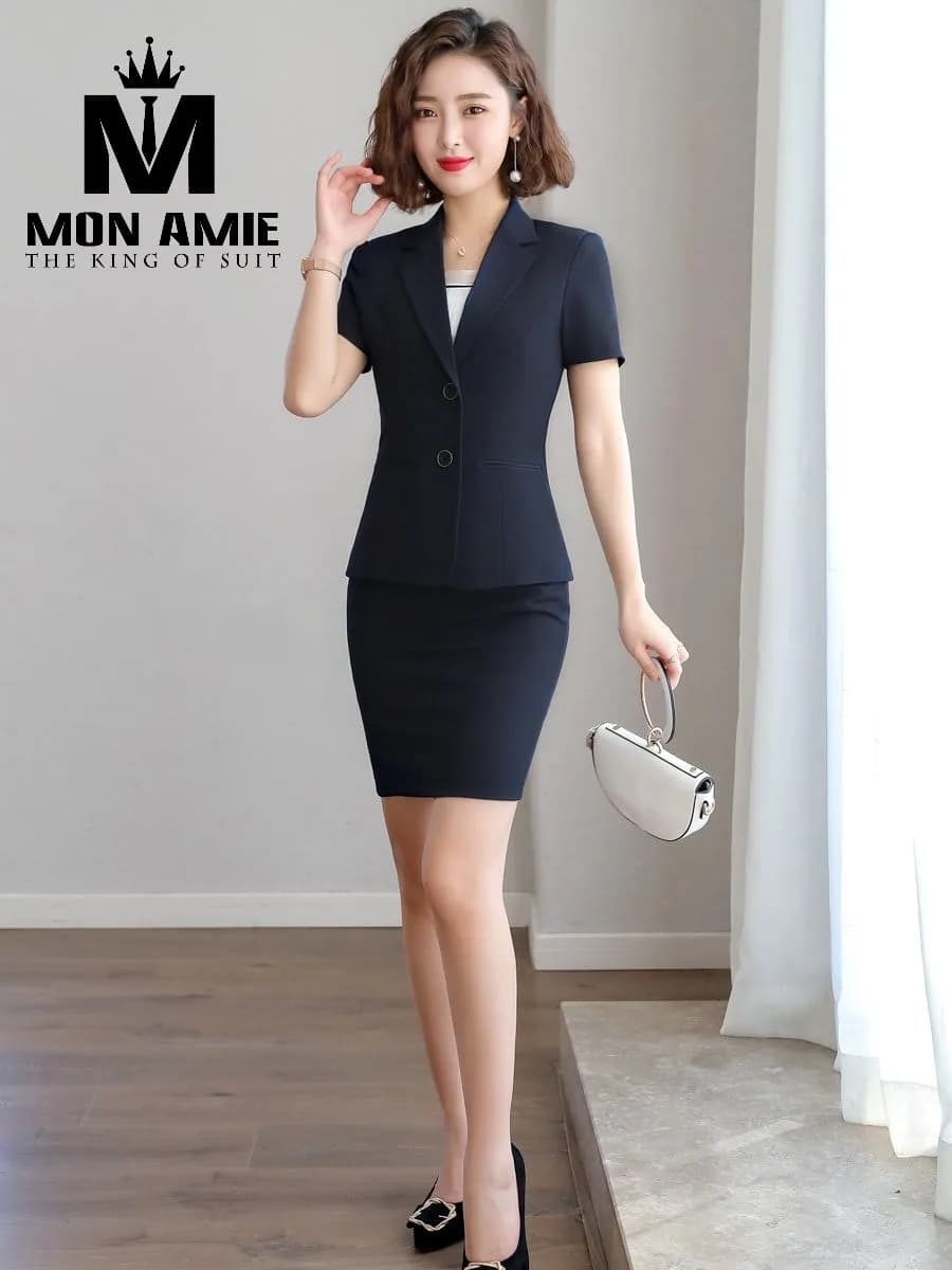 Suit Nữ Xanh Than Tay Ngắn Hai Nút Chân Váy Ôm