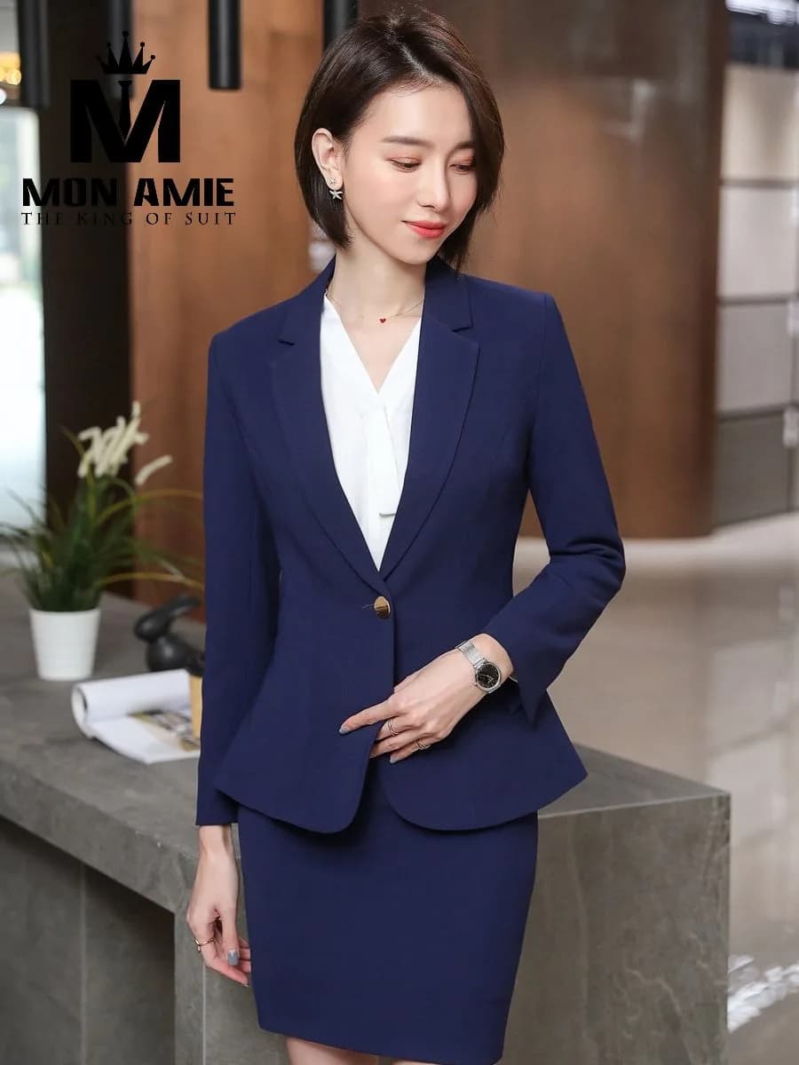 Suit Nữ Xanh Navy Ve Vest Tay Dài Nút Vàng Chân Váy Ôm